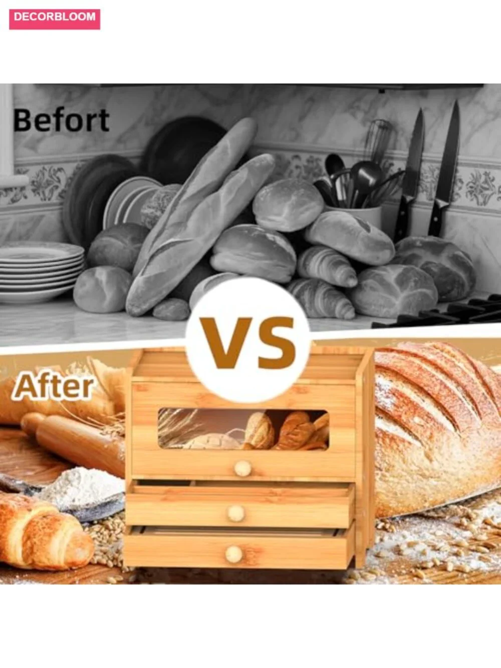 Bamboo Bread Box with Slicer and Display Window for Kitchen Countertop